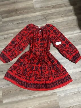 Time and Tru Red and Black Long Sleeve Floral Peasant Dress